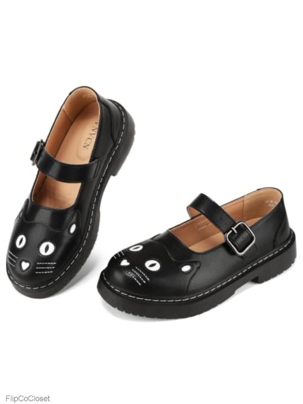 Womens Mary Jane Flats Round Toe Ankle Strap Cat Detail Non-Slip Work Shoes